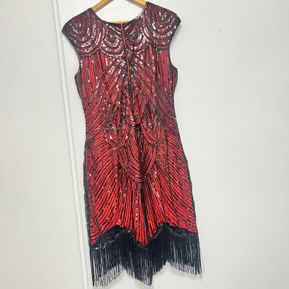 Flapper Red Black Sequin Dress With Fringe Hem Size XL - Picture 2 of 8